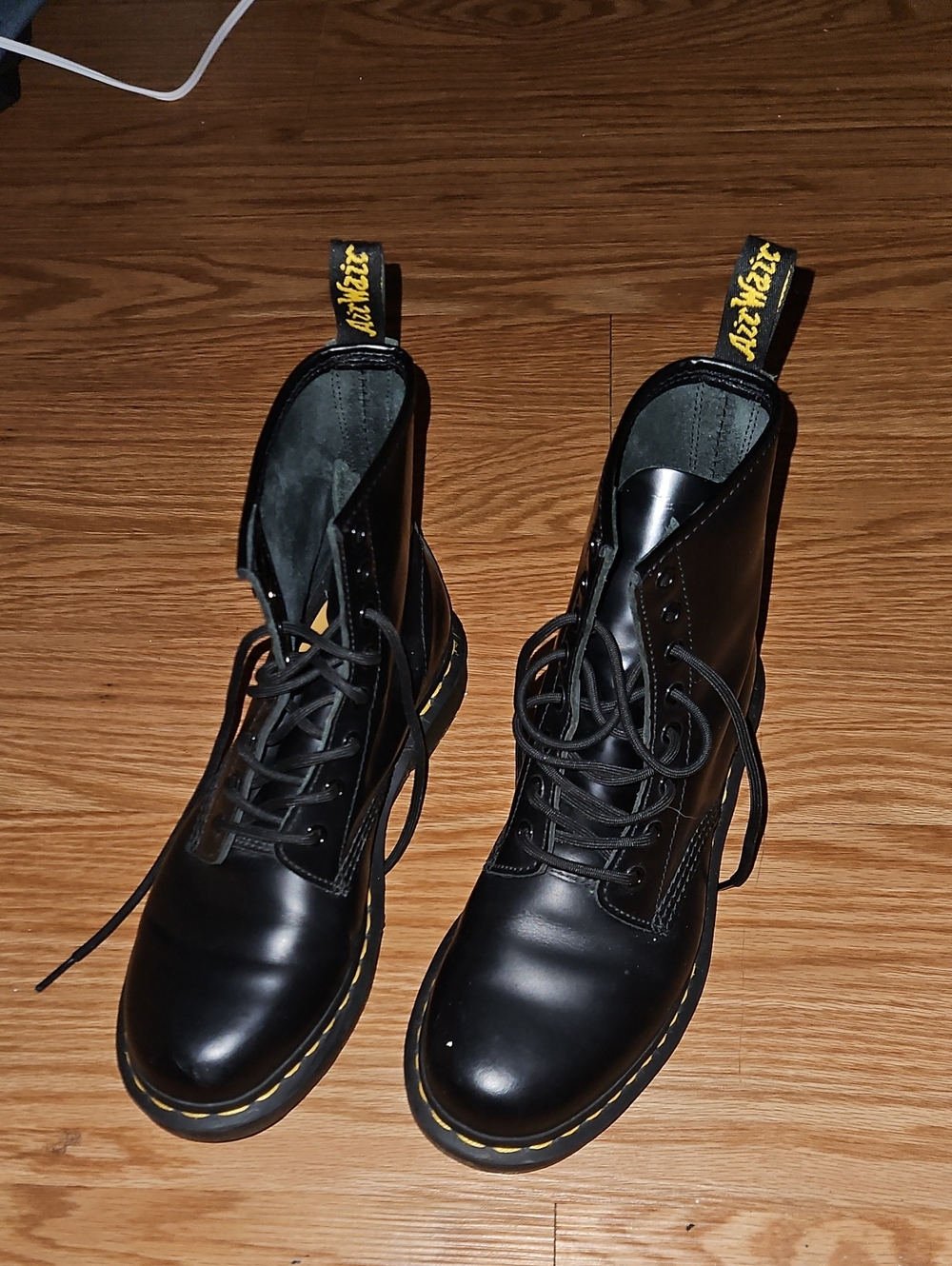 Dr. Martens Black Leather Lace-Up Boots with Yellow Stitching